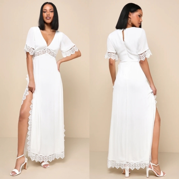 Lulus Sweeten the Occasion White Lace Short Sleeve Maxi Dress M Wedding Party - Picture 1 of 10